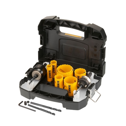 DEWALT hole saw kit with yellow saws, accessories, and black carrying case, all neatly organized.
