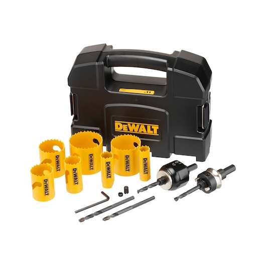DEWALT hole saw kit with yellow saws, drill bits, accessories, and a black carrying case.