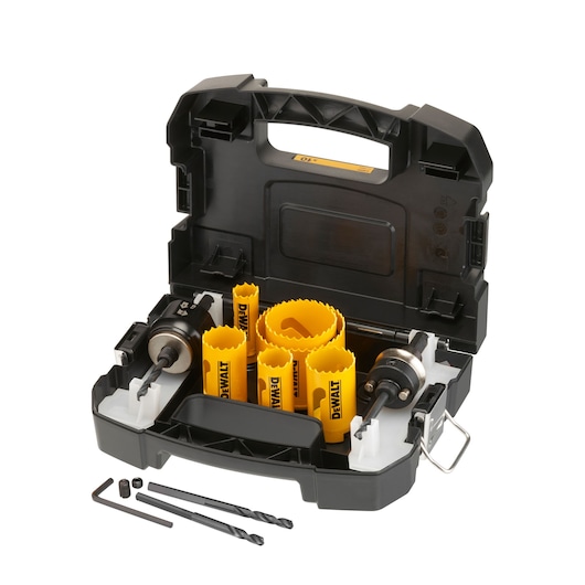 DEWALT hole saw kit in black case with yellow saws, drill bits, and accessories for woodworking.