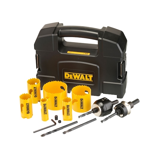 DEWALT hole saw kit with yellow saws, black case, drill bits, and accessories arranged in front.