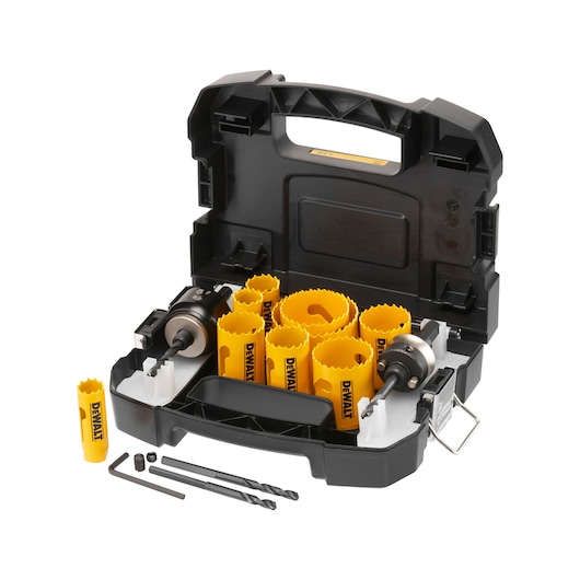 DEWALT hole saw kit with yellow saws in a black case, including accessories and drill bits.