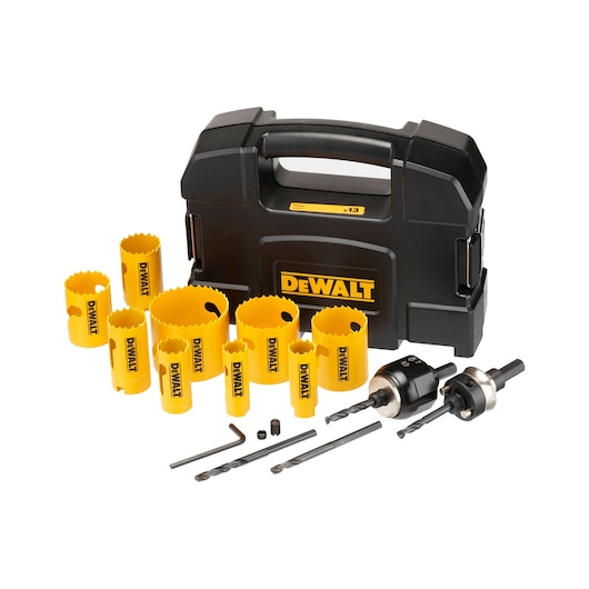 DEWALT hole saw kit with yellow saws, drill bits, accessories and black carrying case, set of 13 pieces.