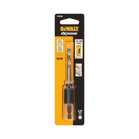 DEWALT Extreme hole saw mandrel with split point, 14-30mm range, in retail packaging.