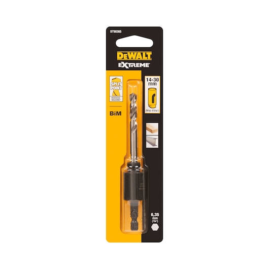 DEWALT Extreme hole saw accessory in packaging, suitable for 14-30 mm drilling, BiM, split point, 6.35 mm shank.
