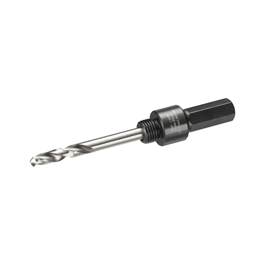 Metal drill bit with a hex shank and threaded collar, used for power tools in construction or photography setups.