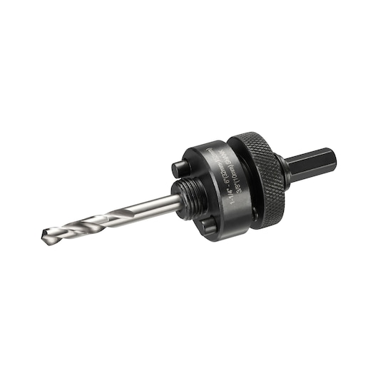 DEWALT hole saw arbor with pilot drill bit and hex shank for use with power tools, photographed on white background.