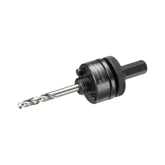 DEWALT DT90369 hole saw arbor with pilot drill bit for power tools, shown against a white background.