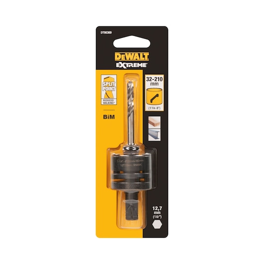 DEWALT Extreme hole saw arbor, size 12.7 mm, in retail packaging for drilling, fits 32-210 mm hole saws.