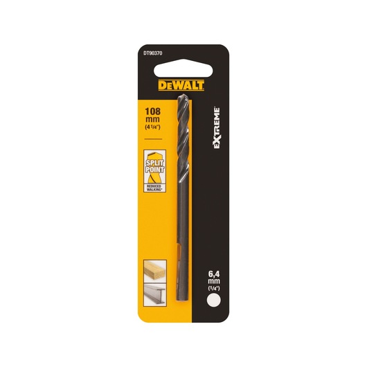 DEWALT split point drill bit, 6.4mm x 108mm, Extreme series, for wood and metal, in retail packaging.