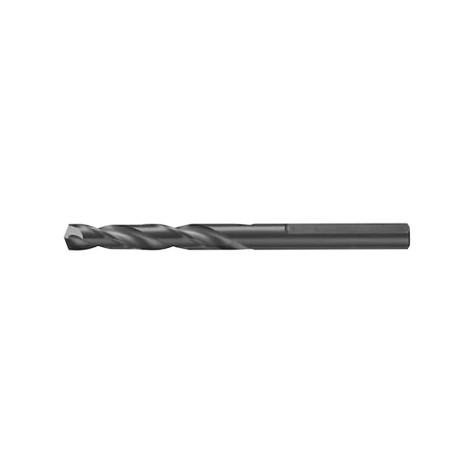 A single black metal twist drill bit displayed on a white background.
