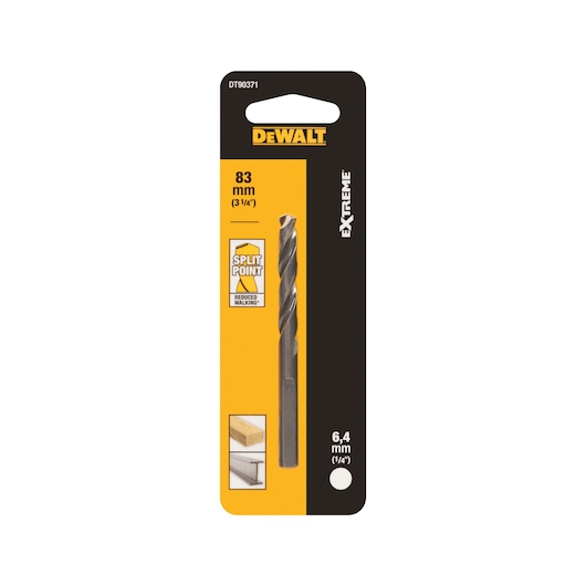DEWALT DT90371 drill bit, 83mm length, 6.4mm diameter, in retail packaging for wood and metal.