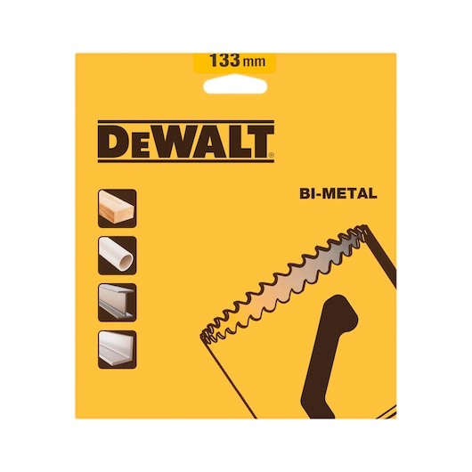 DEWALT bi-metal hole saw packaging, 133 mm size, showing applications for wood, plastic pipes, metal profiles, and plastic profiles on a yellow background.