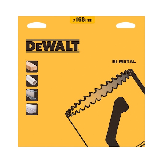 Front view of DEWALT packaging for a 168mm bi-metal blade, featuring icons indicating it can cut wood, plastic pipes, metal, and PVC. The packaging is yellow with black text and graphics.