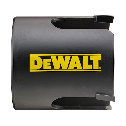 A black DEWALT hole saw with the yellow DEWALT logo printed on the side, photographed against a white background.
