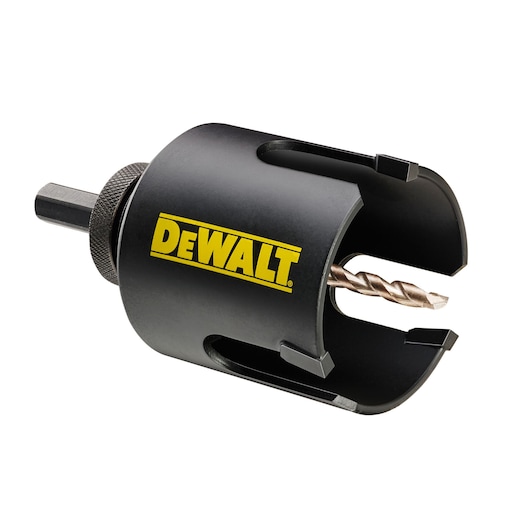 Close-up of a DEWALT branded black hole saw drill bit with a metal cutting edge, shown against a white background.