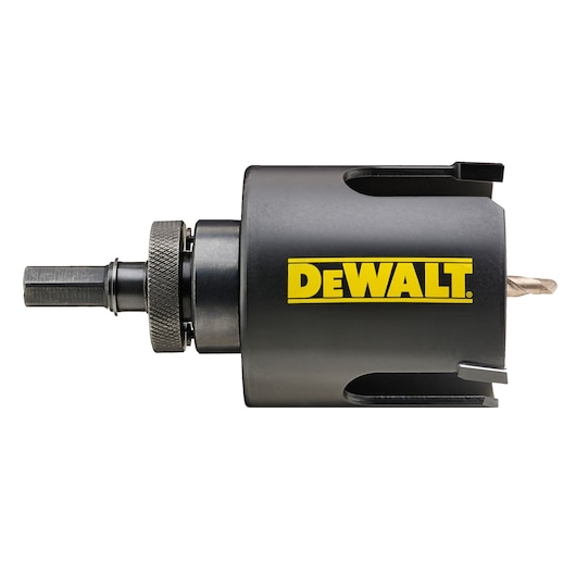DEWALT branded hole saw with pilot drill bit and hex shank, designed for cutting holes in various materials.
