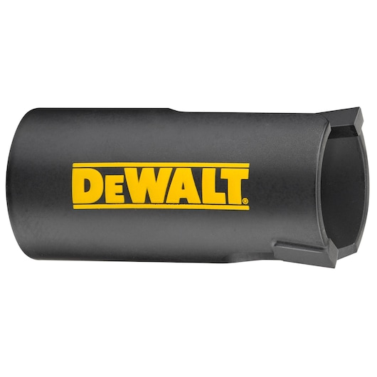 Black cylindrical DEWALT tool accessory with yellow DEWALT logo, featuring an open end and notched design.