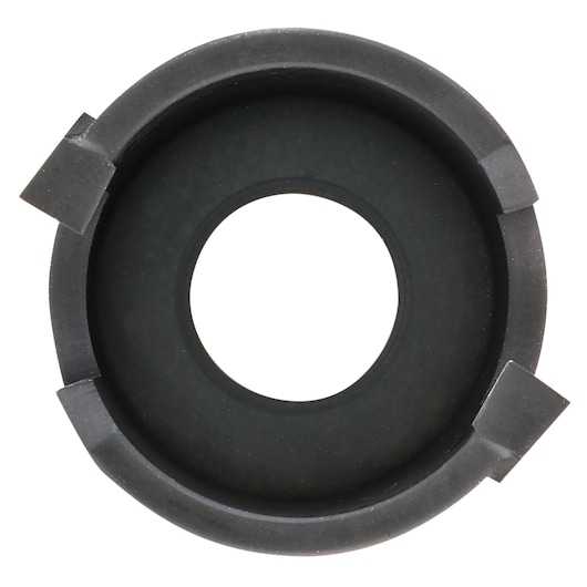 A close-up image of a circular black metal accessory part with a central hole and four evenly spaced notches around the edge.