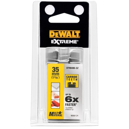 Packaged DEWALT EXTREME 35mm (1 3/8 inch) carbide teeth hole saw, suitable for multi-material cutting, model DT90406-QZ.