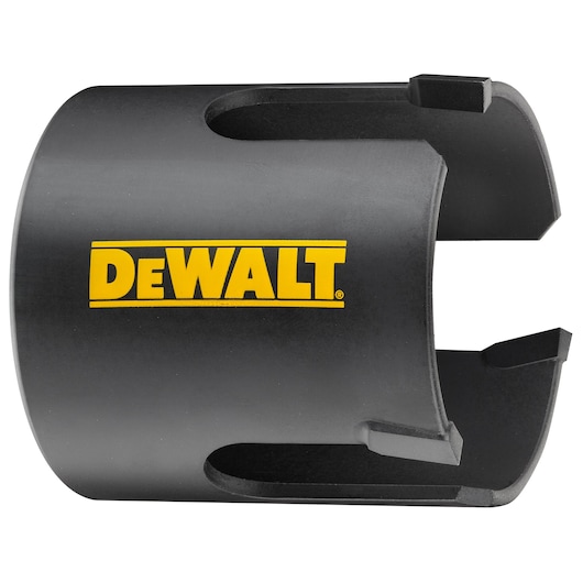 A close-up image of a black DEWALT branded hole saw accessory, featuring sharp teeth and a cylindrical shape.