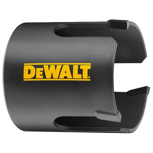 A close-up view of a black DEWALT hole saw accessory featuring the brand's yellow logo, used for drilling precise circular holes in materials.