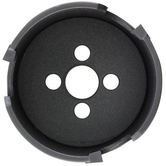 A circular black DEWALT hole saw with four smaller holes in the center, designed for cutting precise holes in materials.