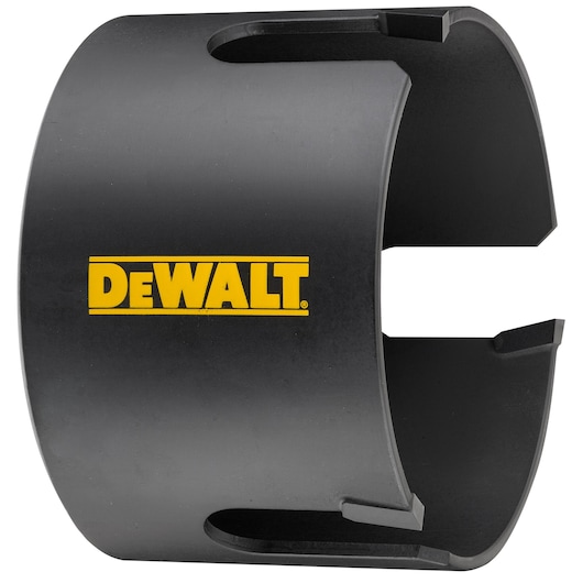 A close-up image of a black DEWALT hole saw accessory, showing the cylindrical metal shape with openings and the yellow DEWALT logo printed on the side.