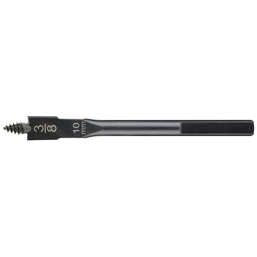 DEWALT 10mm spade drill bit with hex shank and threaded tip for wood drilling.