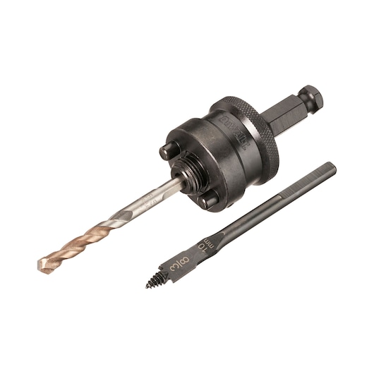 DEWALT drill attachment and tap for metalworking, shown on a white background.