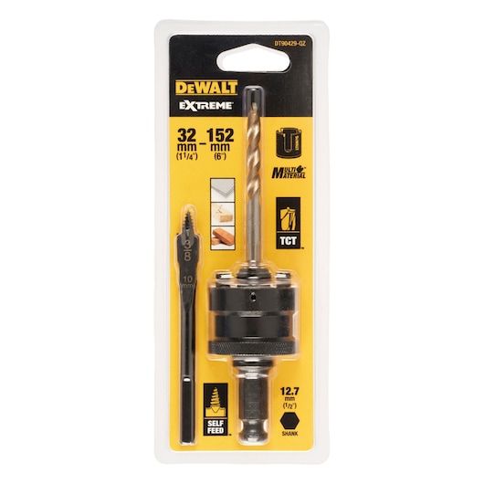 DEWALT Extreme multi-material drill accessory set in yellow-black packaging, fits 32-152 mm size, with self-feed.