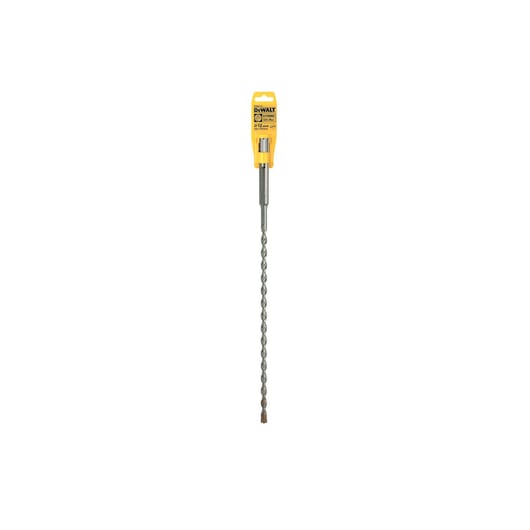 A DEWALT branded long masonry drill bit in its yellow packaging, with a spiral design and metal construction, displayed against a white background.