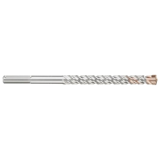A DEWALT SDS drill bit with a twisted shaft and carbide tip, shown horizontally on a white background.