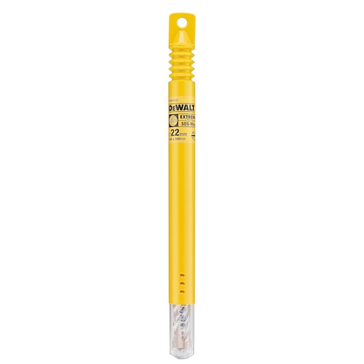 DEWALT DT9419 yellow SDS-Max drill bit in protective plastic tube, labeled 22mm, used for heavy duty drilling.