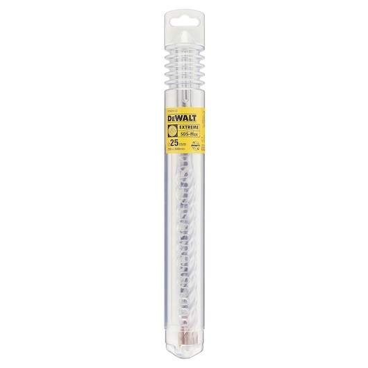 A DEWALT Extreme SDS-Max drill bit in its transparent plastic packaging, featuring a yellow label with product details. The drill bit is visible inside the cylindrical case.