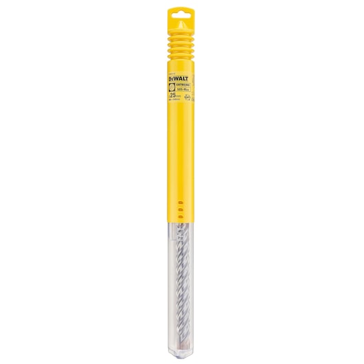 A DEWALT Extreme SDS-Plus drill bit in its packaging, featuring a yellow top section and a clear lower section showing the spiral bit inside.