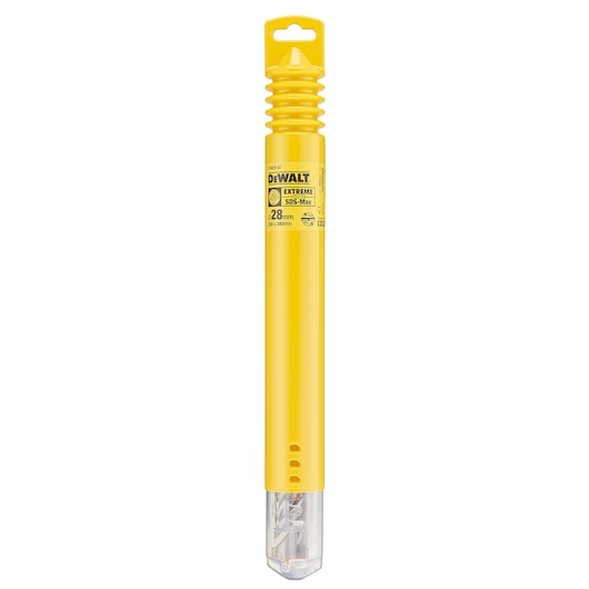 A DEWALT Extreme SDS-Max drill bit in a yellow plastic protective tube with a clear cap, labeled with 28mm diameter information.