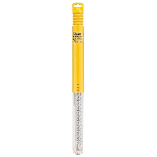 A DEWALT DT9430 SDS-Max rotary hammer drill bit in its yellow and transparent protective packaging, displayed vertically.