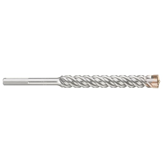Silver rotary hammer drill bit with spiral fluting and carbide tip, shown isolated on a white background.