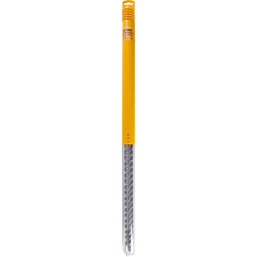A DEWALT branded long drill bit in a yellow and clear plastic packaging, designed for heavy-duty applications such as masonry and concrete drilling.