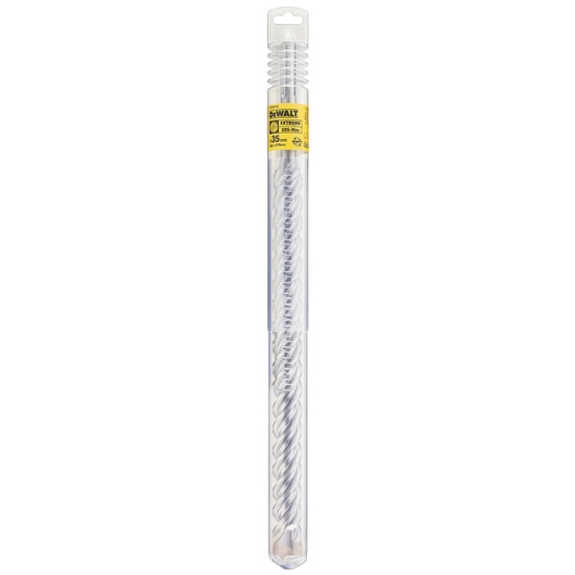 A DEWALT branded SDS-Max drill bit in a clear plastic packaging with yellow label, showing the drill bit inside the container.