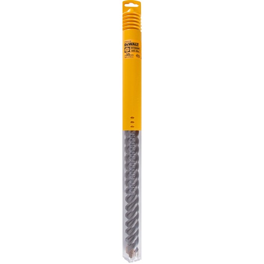 DEWALT DT9439 drill bit in yellow packaging, long and spiral, used for masonry and concrete drilling.