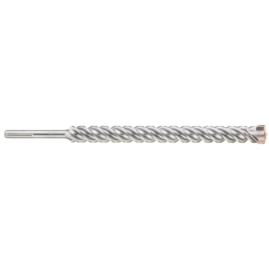 A long, silver DEWALT SDS Max rotary hammer drill bit with a spiral flute design and a carbide tip.