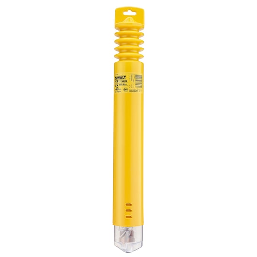 A yellow DEWALT-branded cylindrical drill bit storage case with a label, shown standing upright and sealed with a clear cap at the bottom.