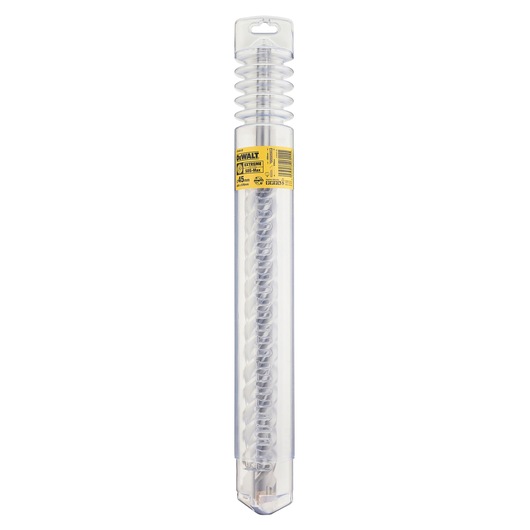 A DEWALT Extreme SDS-Max drill bit in a transparent plastic case, with a yellow and black DEWALT label indicating specifications. The packaging displays a long, spiral masonry drill bit.