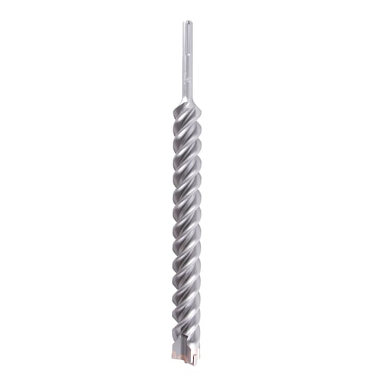 Long, silver DEWALT drill bit with spiral design and pointed tip for heavy-duty drilling.