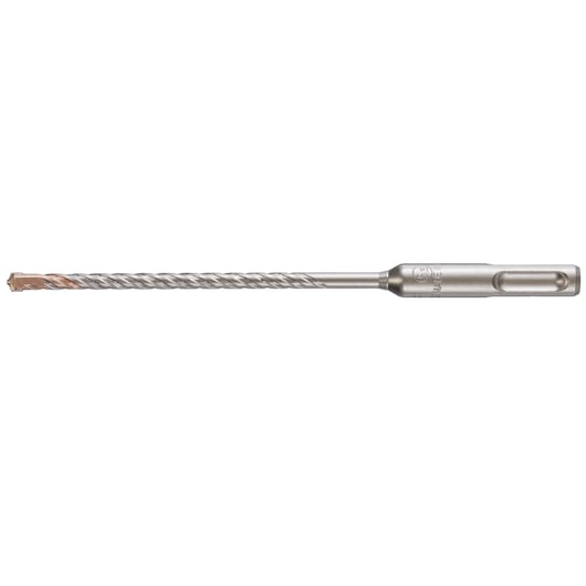 A DEWALT SDS-Plus masonry drill bit, featuring a long, silver-colored spiral shaft with a carbide tip, designed for use with rotary hammer drills.