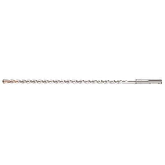 A long, silver masonry drill bit with a spiral flute design and a pointed tip, shown on a white background.