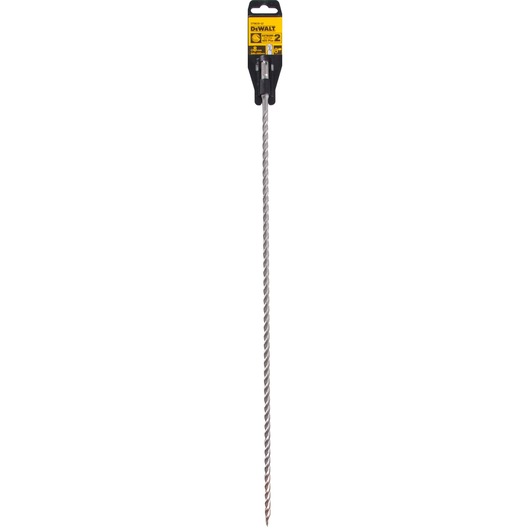 A long DEWALT SDS-plus masonry drill bit in its original packaging, labeled with DEWALT branding and specifications. The drill bit has a spiral design and is intended for drilling into concrete or masonry.