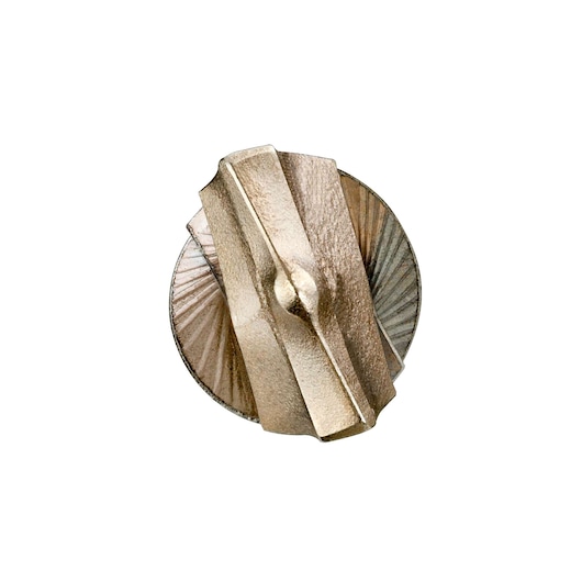 Top view of a DEWALT DT9542 drill bit with a carbide tip, showing its sharp, spiral cutting edges against a white background.