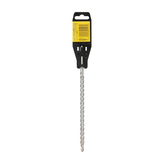 A DEWALT branded masonry drill bit in its original packaging. The drill bit is long, silver, and features a twisted design, displayed vertically with a yellow label on the black holder.